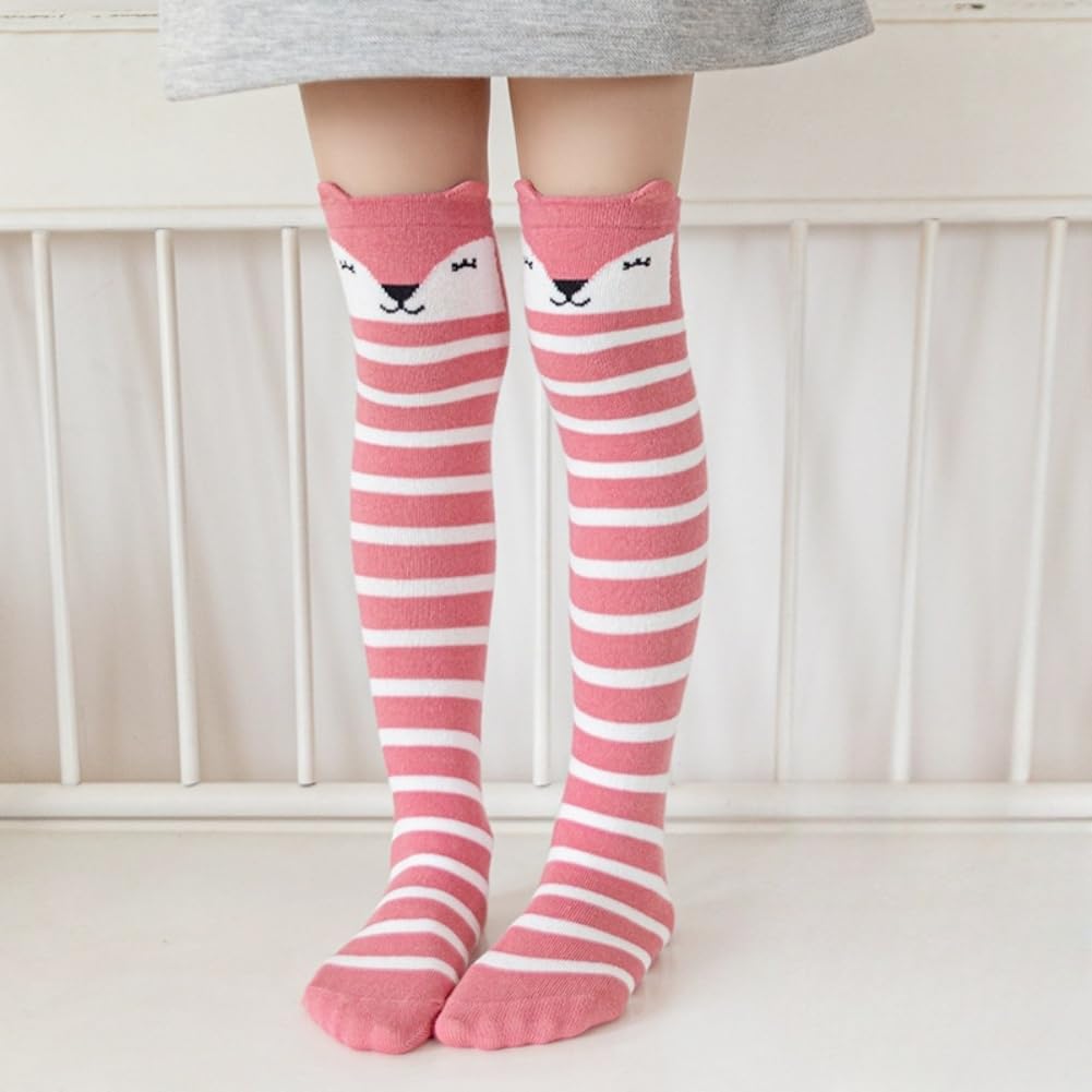 Lot de 5 paires de chaussettes hautes pour enfant fille - Chaussettes longues rayées - Chaussettes en coton - Chaussettes colorées sans couture - Chaussettes mignonnes - Caricature animal