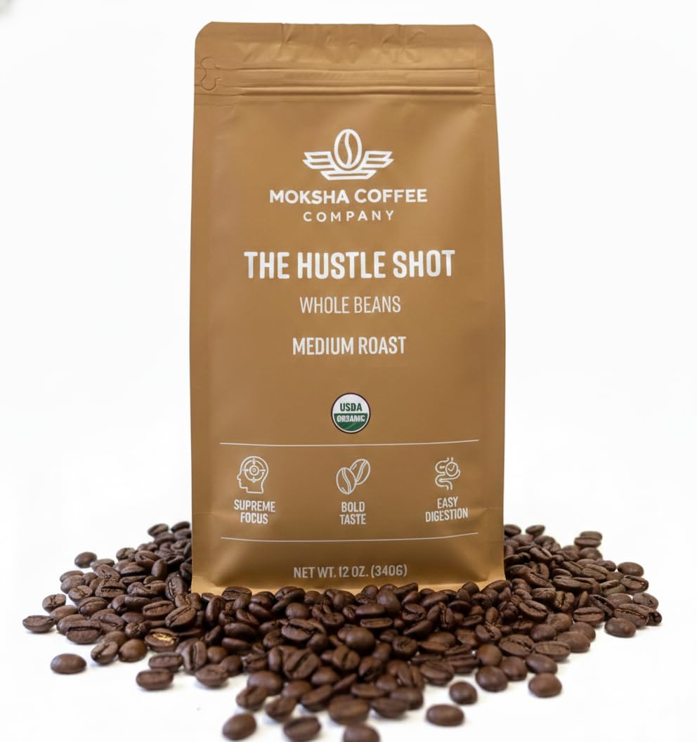Moksha Organic Coffee Beans, Medium Roast, Low Acid, Non-GMO Espresso Whole Beans. Taste of Bakers Cocoa and Toffee – 12 OZ (18 Double Shots)