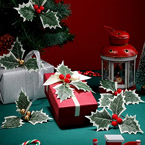 48 Pieces Artificial Holly Berries With Green Leaves Gold Red Holly Berry Stems With Leaves Artificial Holly Leaves And Berries For Christmas Wreath Arrangement Cake Toppers Craft Wedding Party Home #TOP5