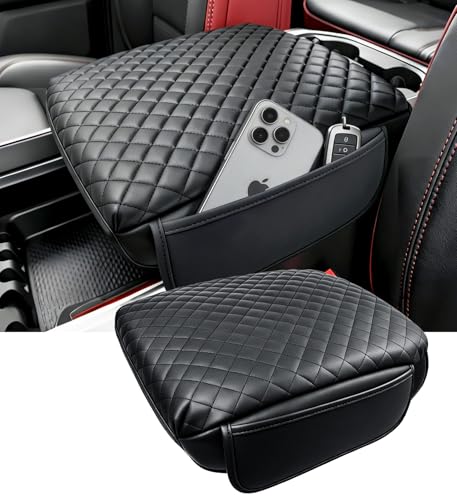 Image of Center Console Cover for Dodge Ram 1500 /2500 /3500 2019-2026 5th Gen, Fits Bucket Seat Only, Interior Accessories 1.2-Inch Thick PU Leather Armrest Cushion Protector with 2 Side Pockets, Black
