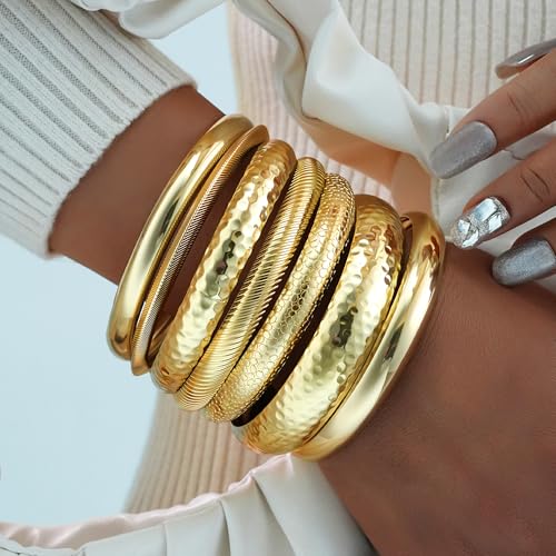 YEEZII Gold Bangle Bracelets for Women, 7Pcs 14K Gold Plated Boho Indian Multi Stackable Textured Bracelets, Chunky Bangles Set for Women Jewelry Gifts4