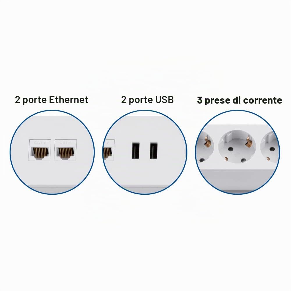 maxtrack Presa da tavolo NV63L 3 prese con contatto di protezione con 2 porte USB e 2 porte LAN, presa multipla per casa con fissaggio da tavolo, pulsante di accensione e spegnimento, ciabatta con