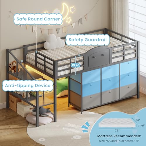 VIAGDO Low Loft Bed Twin Size with 9 Storage Drawers and LED Lights, Metal Twin Loft Bed with Stairway Shelf Storage, Low Loft Bed with Safety Guardrail and Under-Bed Hideaway for Kids, Grey