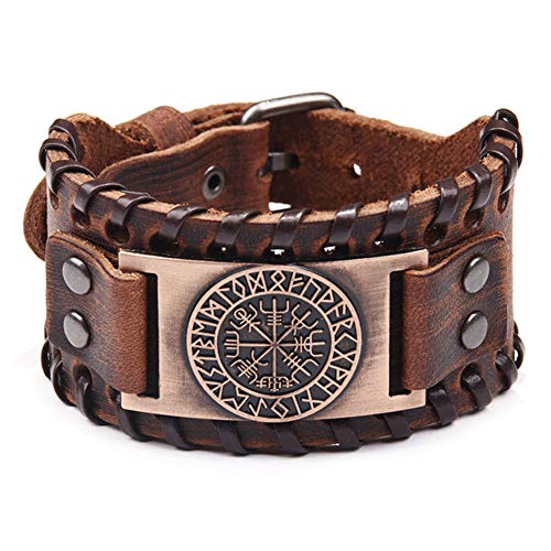 Ziyi Boussole Bracelet Large Bracelet en Cuir Vintage Nordic Runes Amulette Pirate pour Fantaisie Bracelet Hommes Femmes,Marron