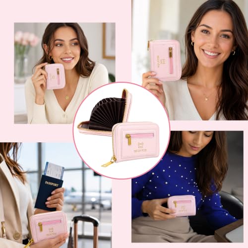 Image of Storite RFID Blocking PU Leather Card Holder Wallet for Women | 9 Slots Accordion Credit Card Case with 2 Money Compartments & Zipper Coin Pocket | Slim Travel Card Organizer Mini Purse(Light Pink)