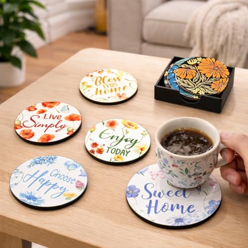 Image of Zesta Coasters for Cups Set of 6 / Wooden Coasters for Bar Accessories for Home /Tea Coaster Set of 6 / Waterproof Dining Table Decor Glass Cover (Modern Home, Circle)