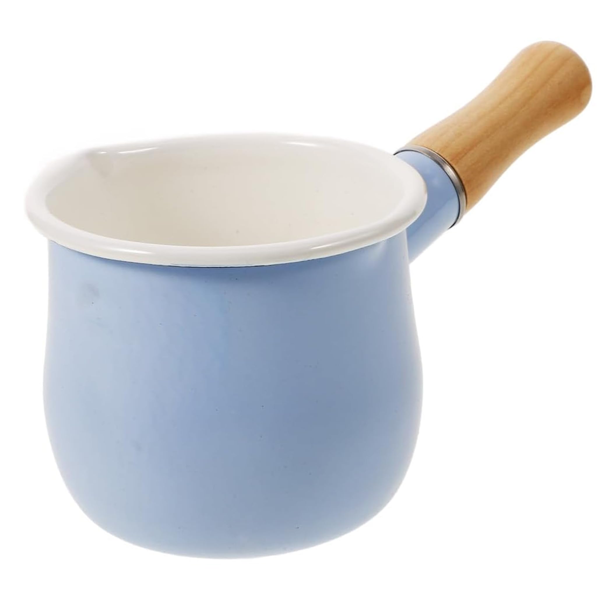 Petite casserole émaillée 10cm bleu ciel avec manche en bois pour gaz et induction