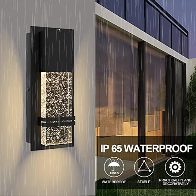 PARTPHONER LED Outdoor Light Fixture Exterior Wall Sconces 2 Pack Crystal Bubble Glass 12W 3000K