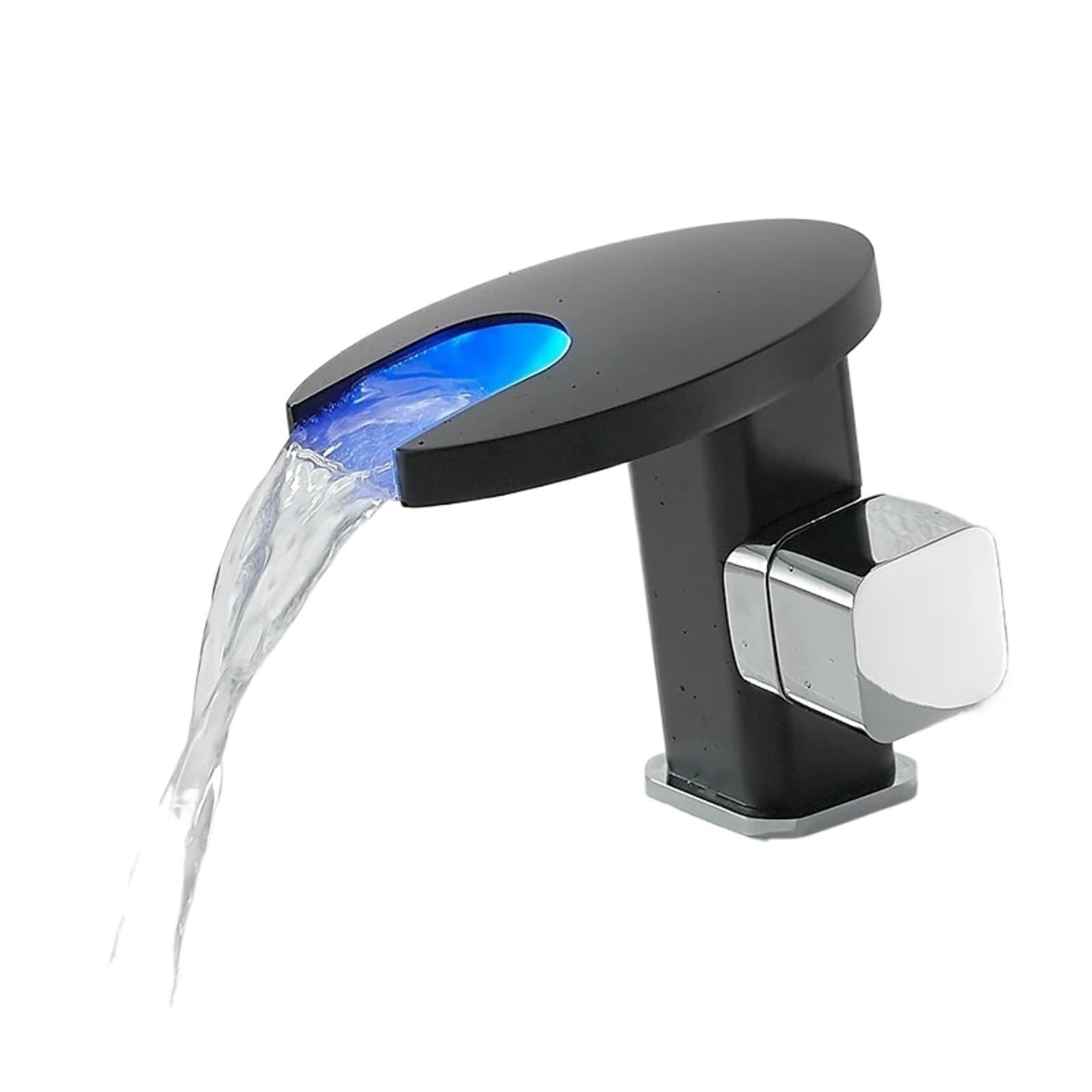 Black Brass LED Waterfall Basin Faucet, Water Powered Temp Light Hot Cold Tap,Safe and Reliable(LED Black)