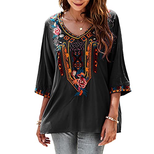 Ak Women's Summer Boho Shirts Embroidery Mexican Bohemian Tops Peasant 3/4 Sleeve V Neck Blouses Tunic (As1, Alpha, S, Regular, Regular, Black) #TOP2