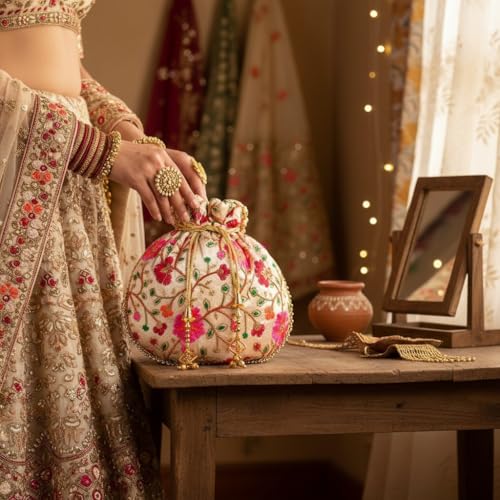 Image of Women's Multicolour Floral Embroidered Silk Potli Bag, Handcrafted Ethnic Drawstring Purse for Wedding, Party, Festive, Bridal