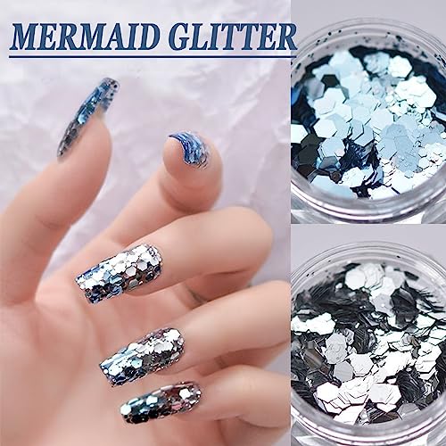 2 Box Nail Sequins Fine Glitter,Blue &Silver Sea Sequin Nail Jewelry Laser Hexagonal Patch,Ocean Glitter For Cosmetic Holographic Nail Glitters For Acrylic Nail Flakes For Resin #TOP1