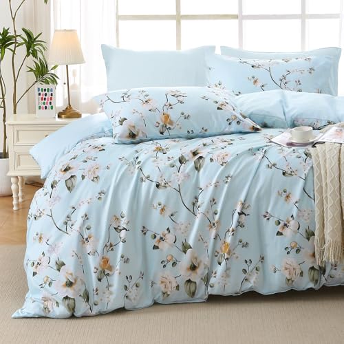 Image of MUXHOMO Ceiba Blue Full Comforter Set, Elegant Floral Print Bed in a Bag 7 Pieces, Ultra Soft & Breathable Reversible Botanical Pattern Bedding Set with Comforter, Sheets, Pillowcases, and Shams