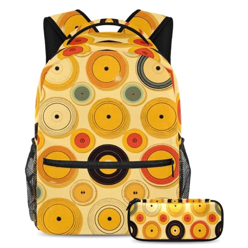 Sac à dos avec trousse à crayons disques jaunes pour école ado