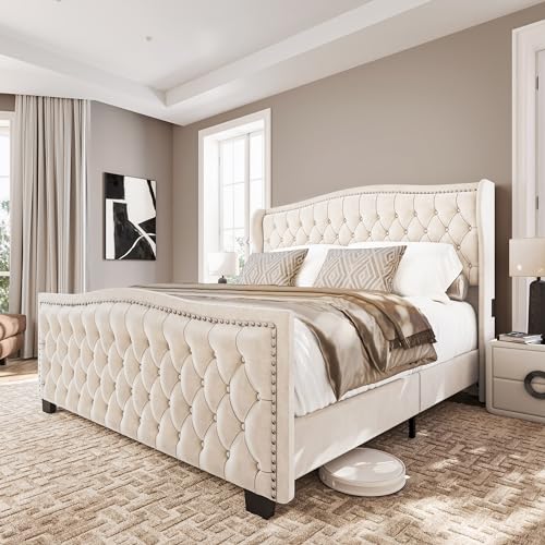 BELLEZEUpholstered Velvet King Platform Bed Frame with Deep Button Tufted Headboard, Charging Port - Oslo (Beige)