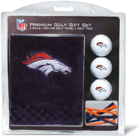Team Golf NFL Denver Broncos Gift Set Embroidered Golf Towel, 3 Golf Balls, and 14 Golf Tees 2-3/4" Regulation, Tri-Fold Towel 16" x 22" & 100% Cotton