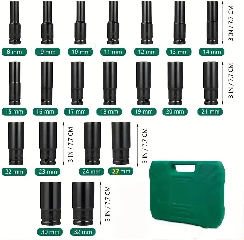20 PCS 1/2" Drive Metric Deep-impact Socket Set, 8mm-32mm, Extended Hex Socket Set For Electric Wrenches, Pneumatic Hex Sockets, Suitable For Electric Wrench Sockets, Automotive Repair And Nut Tools