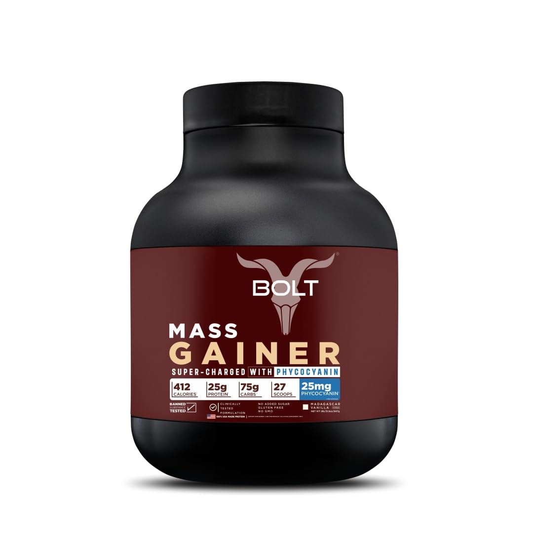 Bolt Mass Gainer | Weight Gainer | Supercharged With Phycocyanin | 25G Protein, 75G Carbs & 412 Calories For Muscle Gainer, 5Lb/2.6Kg (22 Servings) | Madagascar Vanilla (B0DGD74FN6) Amazon Price History, Amazon Price Tracker