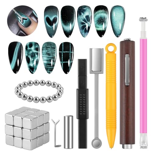 TOROKOM Cat Eye Magnetic for Nails, 54PCS 3-in-1 Cat Eye Gel Nail Polish Magnet Tools Powerful Set Multiple Style Nail Magnets French Heart Beads Nail Art Tools for Nail Art Designs