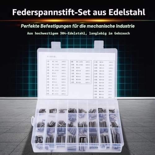 Foto von 280pcs Spannstifte Federstift Hohlsplinte M1,5 M2 M2,5 M3 M4 M5 M6 M8 Edelstahl Feder Spannhülsen Set mit Box