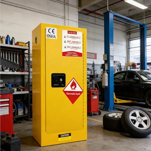 25 Gallon Hazardous Storage Cabinet, 21x 21x 38 in Galvanized Steel Flammable Storage Cabinet w/Adjustable Shelf, Explosion-Proof Safety Cabinet, for Commercial Industrial Garage Use, Yellow