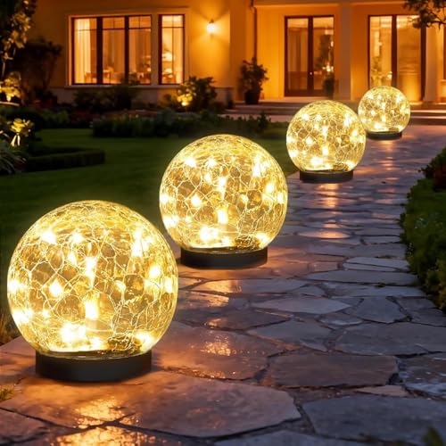 SyouHome Solar Garden Lights Outdoor Waterproof, 4 Pack Cracked Glass Ball Light, Ground Landscape Garden Decor, Solar Globe Decorative for Pathway/Patio/Lawn/Yard (Warm White, 4.7')
