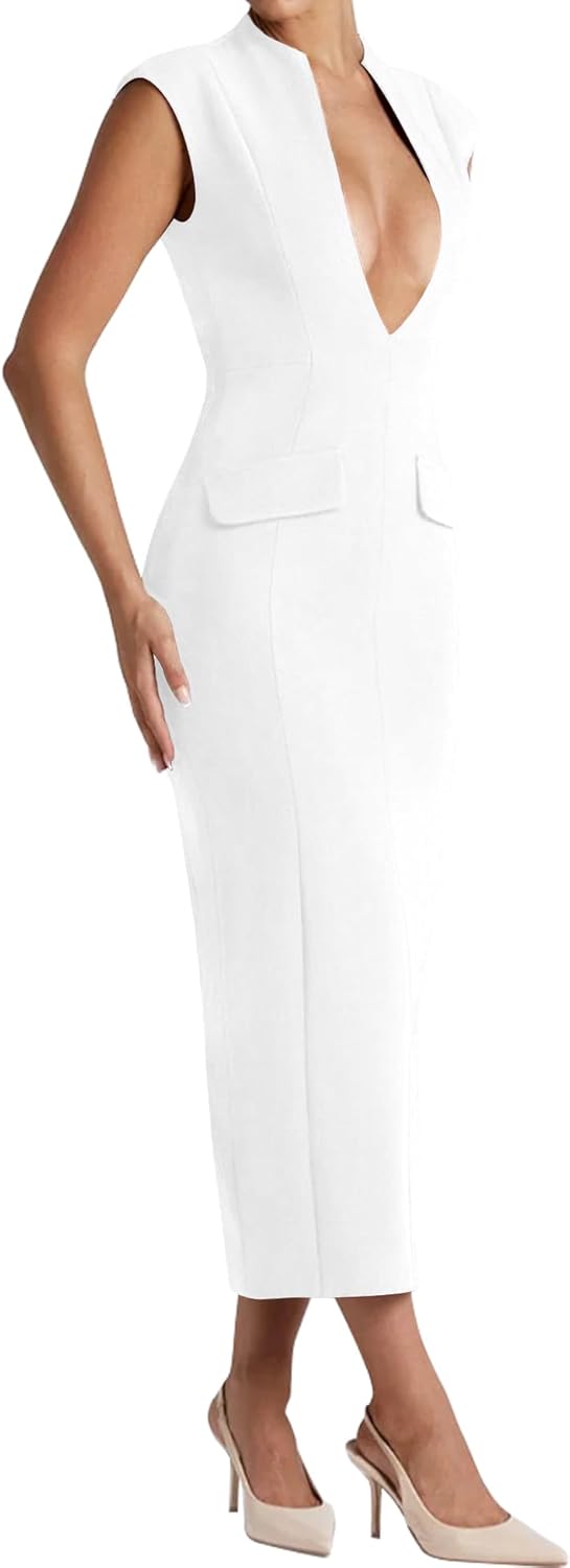 LuFeng Women's Summer Sexy Cap Sleeve Deep V Neck Zipper Midi Dress Hollow Bodycon Night Out Party Dress - Image 4