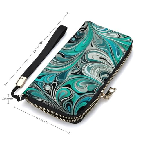 Teal And Silver Swirls Pattern PU Leather Clutch Long Bifold Wallet, Coin Purse Credit Pass Case, Durable Card-Holder Money Storage for Women Men2