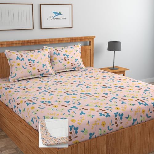 Image of 200 TC Cotton Feel All Around Elastic Fitted Bedsheet, Elastic Fitted Bedsheet King Size Bedsheet for Double Bed with 2 Pillow Covers, Size - 72 x 78 x 8 Inch Color Baby Pink