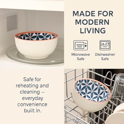 Image of YELONA Ceramic Bowls Set of 2 | 300ml Japanese Honeycomb Rice & Snack Bowls | Blue Blossoms Design | Microwave & Dishwasher Safe | 11.5 cm | Lead-Free Porcelain