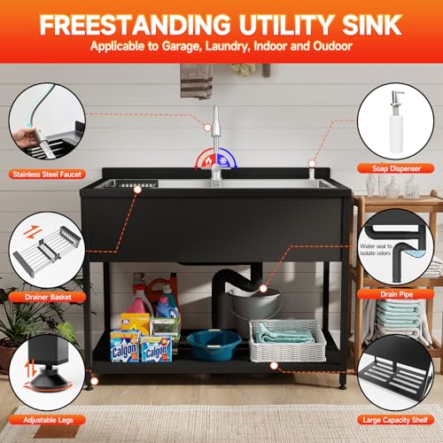 Image of Stainless Steel Utility Sink,47.6 inch x 24.1 inch x 36.6 inch,2 Compartment Sink Freestanding Commercial Sink,with Cold and Hot Water Faucet,Hoses and Drain Kit,Freestanding Sink for Kitchens, Bathrooms