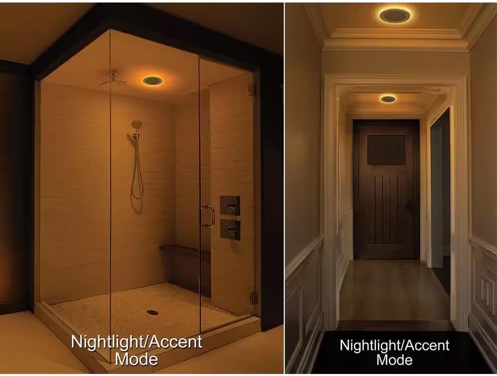 Scenes showing the nightlight/accent mode in a shower area and a hallway, providing soft amber illumination.