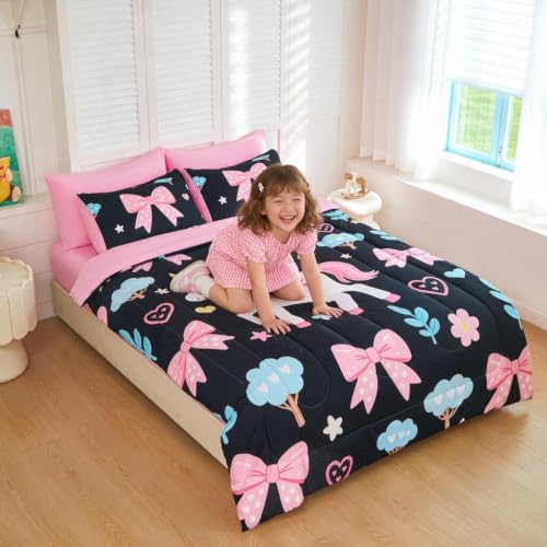 Image of Twin Comforter Set for Girls 5 Piece Black Pink Unicorn & Bow Bedding Set for Girls Super Soft Microfiber Bed Set Bed in a Bag with Comforter Sheets Pillowcase & Sham (5 Piece Twin Size)