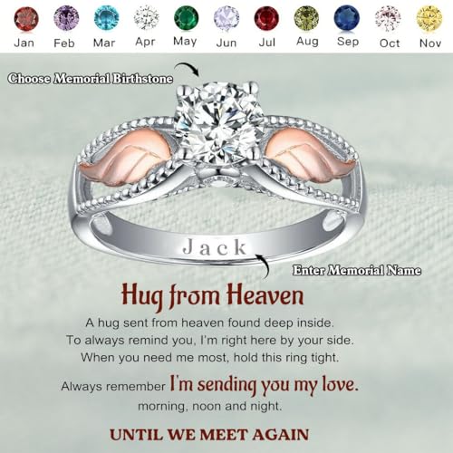 Personalized Hug From Heaven Memorial Angel Wings Ring, Custom Engraved Name Birthstone Ring Memorial Jewelry, Memorial Gifts, Birthstone Rings For Couple Women Men, Jewelry Anniversary Birthday Gifts3