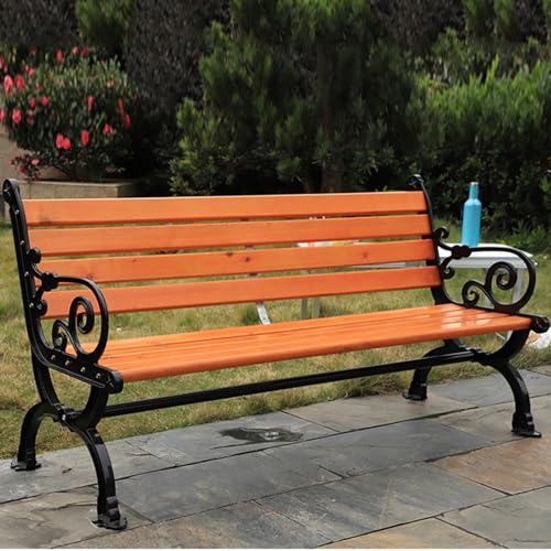 Banc de Jardin Extérieur Bois et Fonte Chaise de Parc Solide avec Accoudoirs
