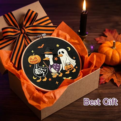 Image of Nuberlic Halloween Embroidery Kit for Beginners Adults DIY Needlepoint | Complete Halloween Embroidery Kit With Cute Ghost, Pumpkin And Duck Design For Handmade Decor, Relaxing Needlework And Gifts.
