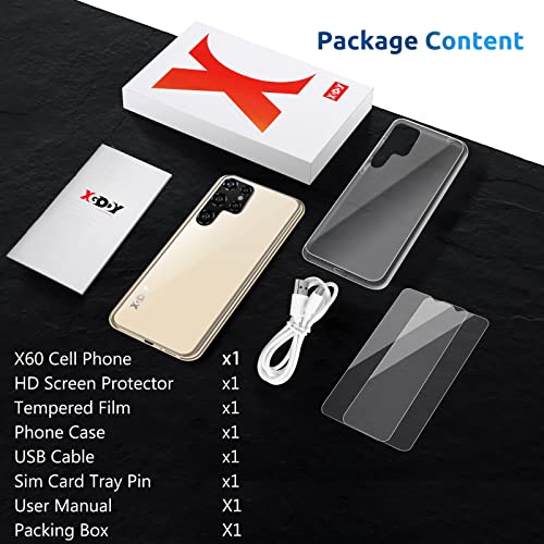 Xgody X60 4G LTE Android Cell Phone Unlocked, 6‘’ QHD Waterdrop Screen, 2GB RAM+16GB ROM, Dual Sim Slots Smartphone, 5MP+5MP Camera, Facial Unlock, 3000mAh Mobile Phones (Gold)