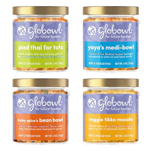 Globowl Stage 3 Baby Food & Toddler Meals, 6+ Months Early Allergen Introduction, Baby Led Weaning, International Whole Food Snacks for Toddlers, Babies, 4 oz Glass Jar, Variety 4-Pack