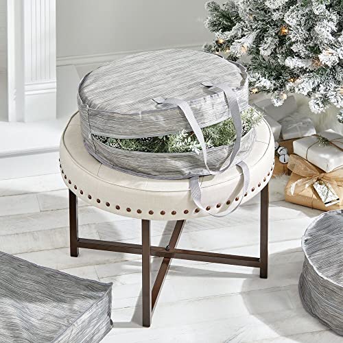 Mdesign Round 19" Wreath Storage Container With Handles - Fabric Christmas Wreath Storage Bag And Protector - Garland Storage Bag Container - Holiday Decoration Organizer - 2 Pack, Striped Taupe/Tan #TOP2