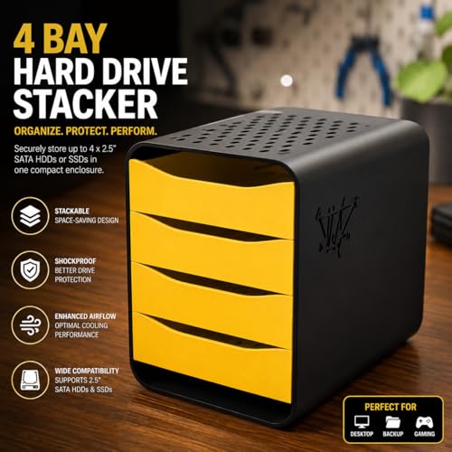 Image of 4 Tray Storage Box for 2.5 inch HDD /SSD Stacker Enclosure | External SATA Hard Drive Dock | Stackable Shockproof HDD Caddy | RAID Storage Rack for Desktop Backup & Data Organization,ENCLOSURE ONLY(YELLOW)