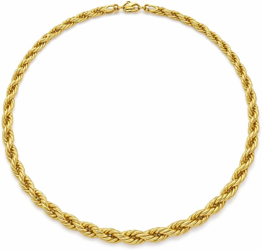 QueenBee 18K Gold Plated Rope Chain Necklace for Women, 3mm-5mm Bold Twist Link, 16-20 Inch – Water Resistant Stainless Steel Jewelry Gift
