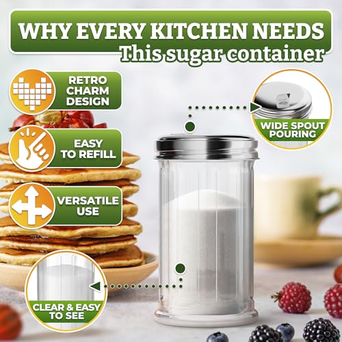 Image of 12 Oz Glass Sugar Container for Coffee Bar Set of 2 - Sugar Dispenser with Pour Spout - Stainless Steel Flip Lid, Smooth Pour Control for Coffee, Tea, Baking & Cooking | Countertop or Table Use