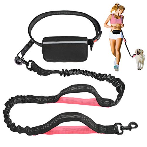 Hands Free Dog Leash, Suitable For Running Walking Jogging Hiking, Training For Medium And Large Dogs(20Lb-150Lb), Adjustable Waist Belt, Dual-Handle Reflective Bungee, Zipper Pouch. (Black W Pink) #TOP10