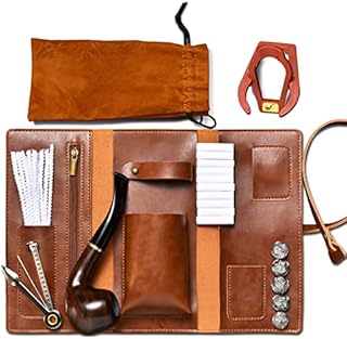 ICARERFAMILY Tobacco Smoking Pipe Set, Pu Leather Tobacco Pipe Pouch Wood Pipe Accessories , （Pipe Cleaners, Pipe Filters, Pipe Screen, Pipe tool, Pipe Stand）Gift Set Brown