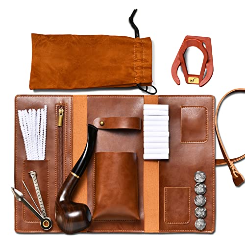 ICARERFAMILY Tobacco Smoking Pipe Set, Pu Leather Tobacco Pipe Pouch Wood Pipe Accessories , （Pipe Cleaners, Pipe Filters, Pipe Screen, Pipe tool, Pipe Stand）Gift Set Brown 