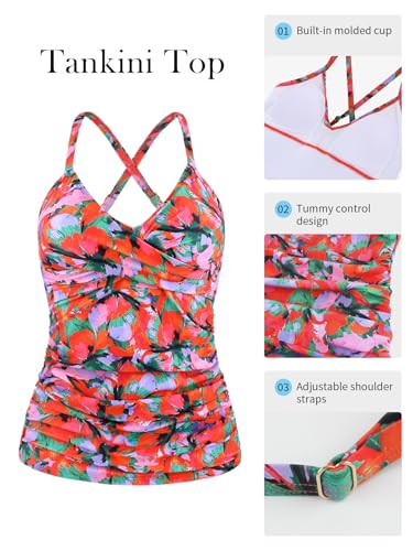 Image of RELELCIGA Women's Tankini Top V Neck Ruched Tummy Control Bathing Suit Top