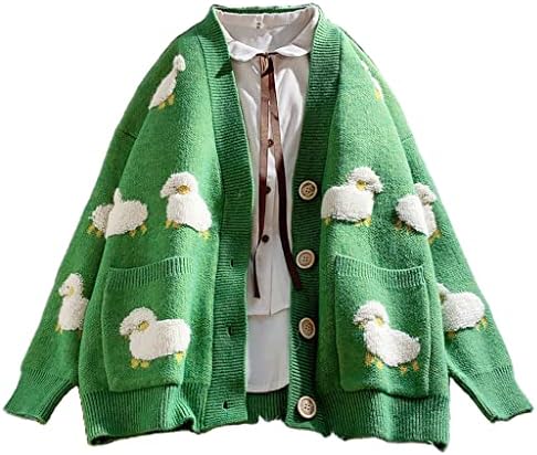 KLOVA Women Long Sleeve Knit Cardigan Cartoon Sheep Button Sweater Coat with Pockets
