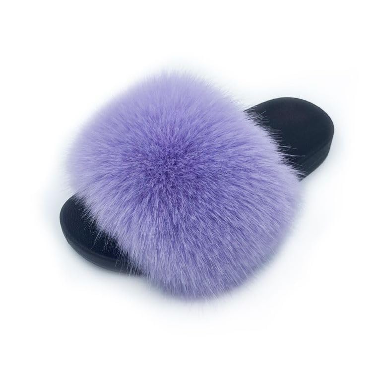 Image of Women's Faux Fur Slides Slippers Fluffy Fuzzy Sandals Open Toe Furry Slide Flip Flop Indoor Outdoor