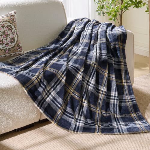 Image of BEDELITE Plaid Fleece Twin Blanket, Navy Tartan 60x80 Inches