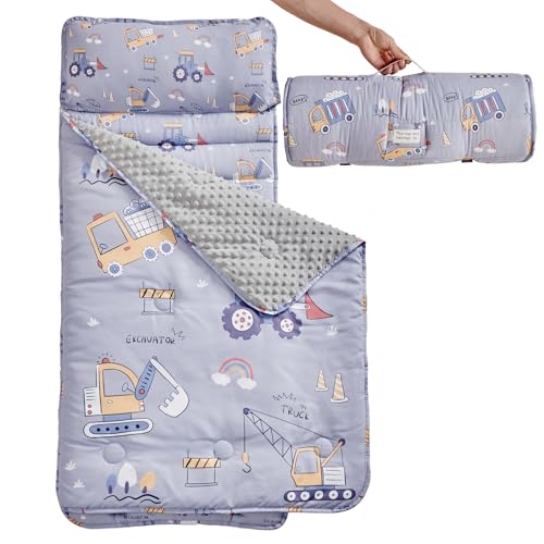 JHCHMX Toddler Nap Mat with Removable Pillow and Minky Blanket,Extra Large Rolled Slumber Bag for Boys,Toddler Sleeping Bag for Daycare Preschool Kindergarten Travel Camping-Gray Excavator